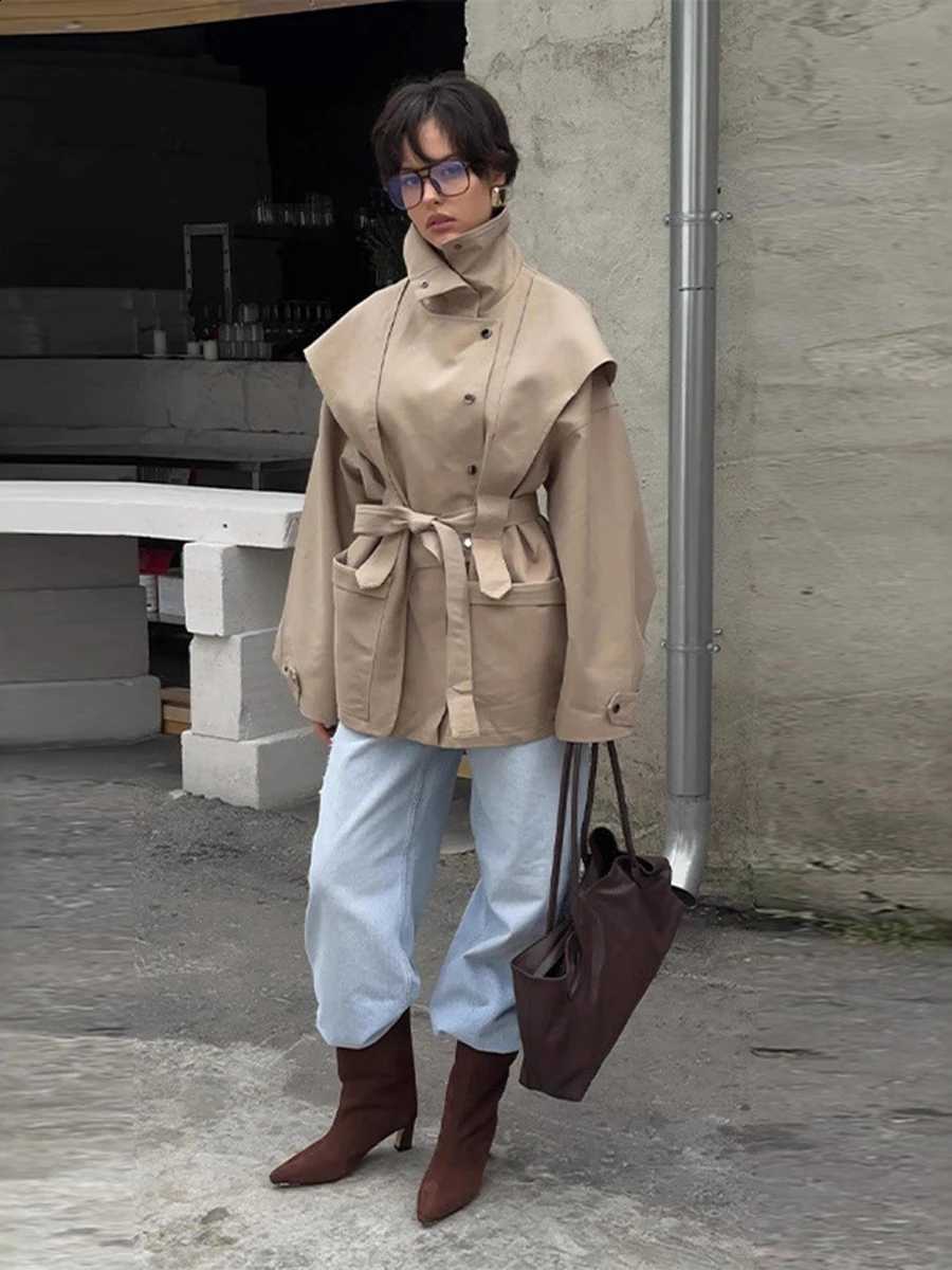 Women High PUAL Collar Belted Trench Coat Oversized Cape Panel Pocket Windbreaker C260917