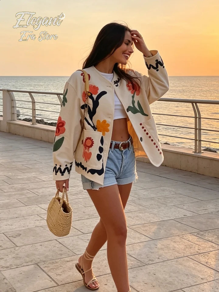 Boho Colorful Flower Embroidery Cardigan Jacket Lady Round Neck Long Sleeve Patch Pockets Loose Coat Women Daily Commute Outwear 260917