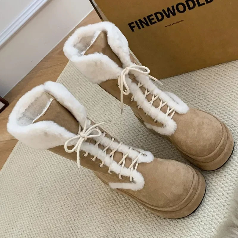 Platform High Boot Women Snow Boots Flats Fur Warm Shoes Trend Suede Cotton Sneaker Winter Kawaii Lace Up Plush Botas Mujer 260917