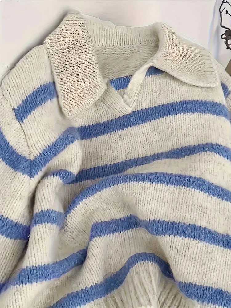 Women's V-neck contrast striped pullover wool versatile casual and loose skin-friendly material suitable for daily travel. X260916