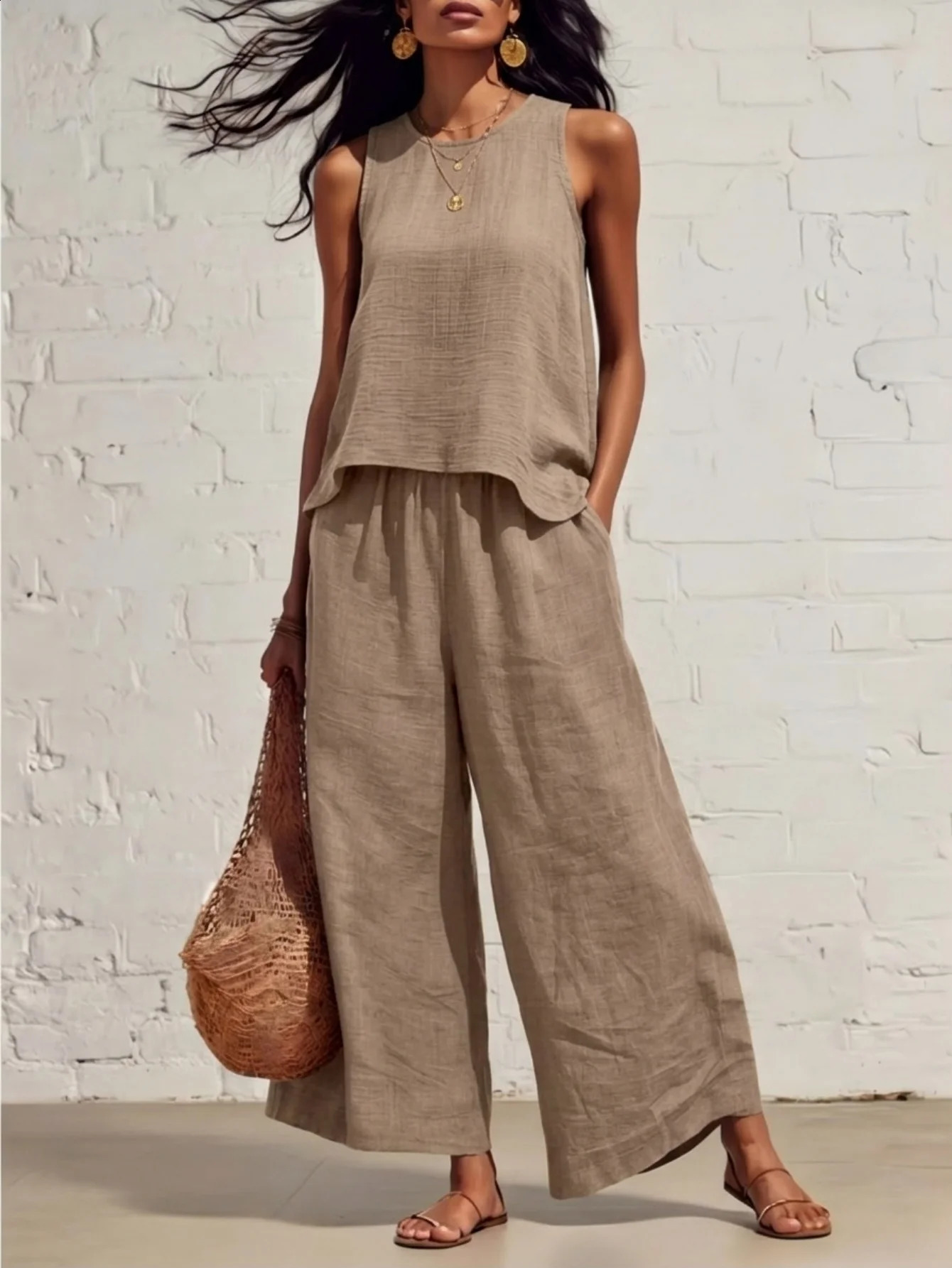 Women's 2 Piece Cutout Back Linen Look Tank Top Wide Leg Pants Set Fall Fashion 2026 260917