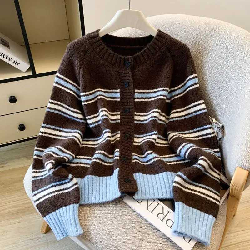 Women's 2026 Autumn Winter Korean Color Block Striped Knit Cardigan Loose Layering Top Outerwear Chic Coquette Streetwear Cozy S260917CRT3