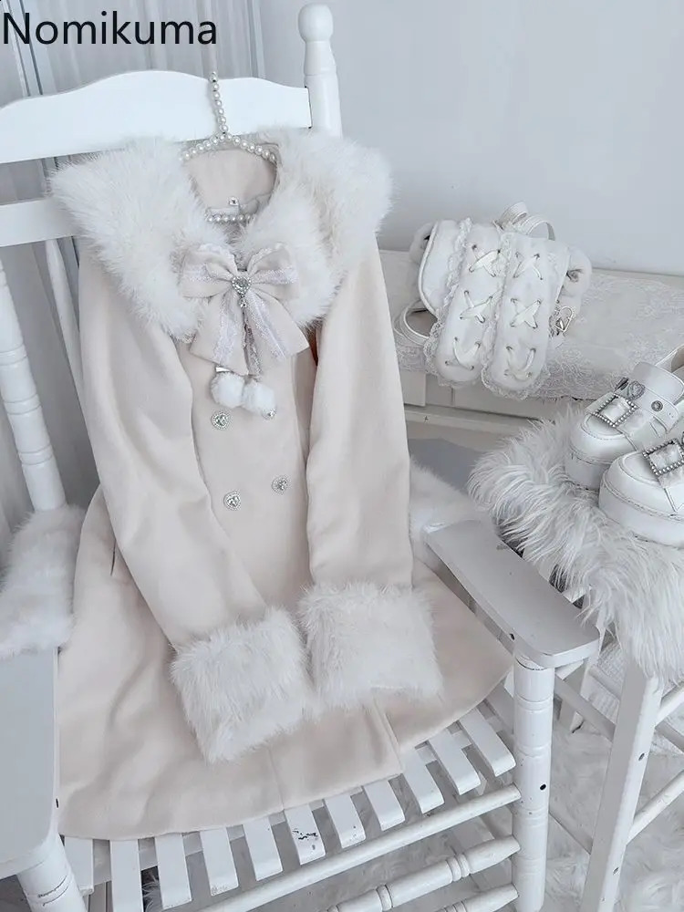 2025 Autumn Winter Clothing Detachable Fur Collar Cuffs Woolen Coat for Women Bow Doublebreasted Thicked Sweet Jackets Tops 260917