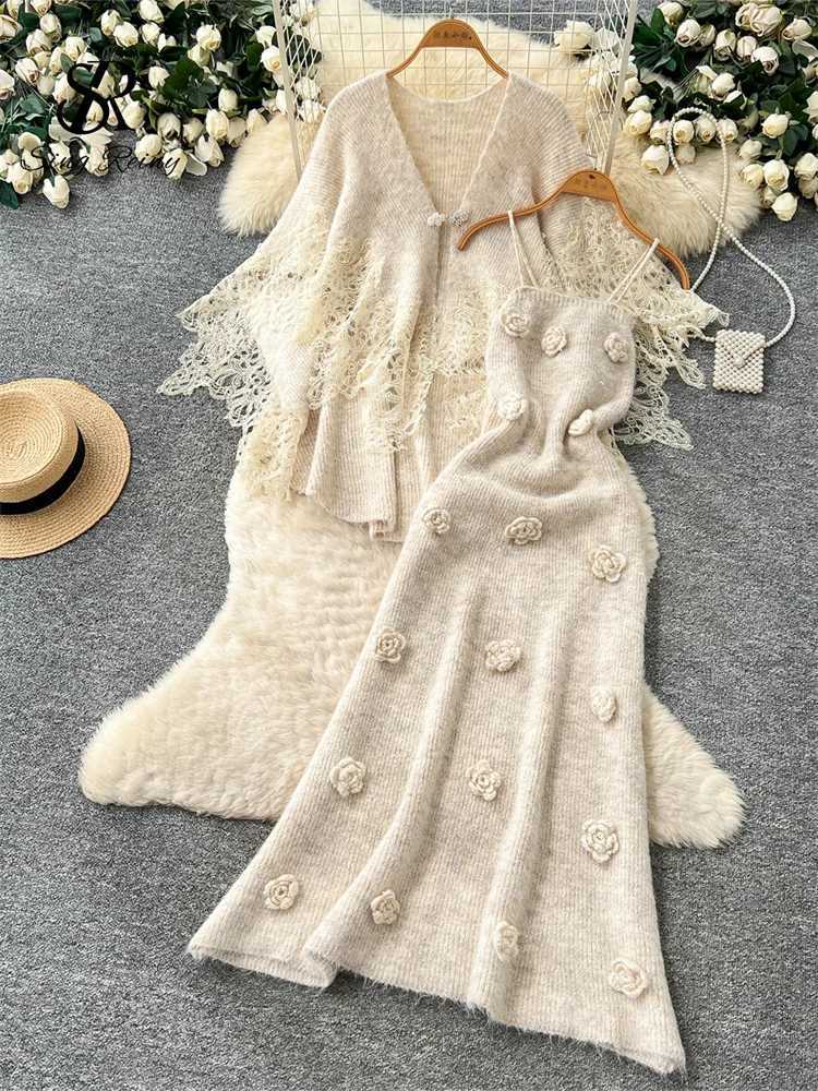 Lace Knitted 3D Floral SINGREINY Sets French Style Elegant Shawl+Slim Long Dresses Autumn Senior Commute Casual Women 2Pcs SetsW260915
