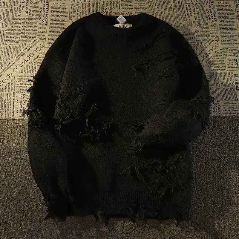 Korean News 2024 Features Trends Style Clothes Round Neck Knit Fashion Oversize Autumn Winter Pullovers Tassels Hole Sweater J260916