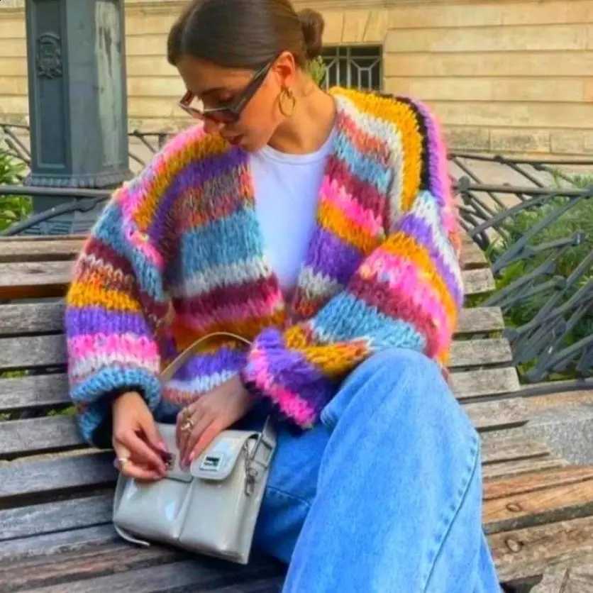 Sleeve Striped Rainbow Long Grid Heavy Handmade Versatile Cardigan Sweater Knitted Sweater J260916