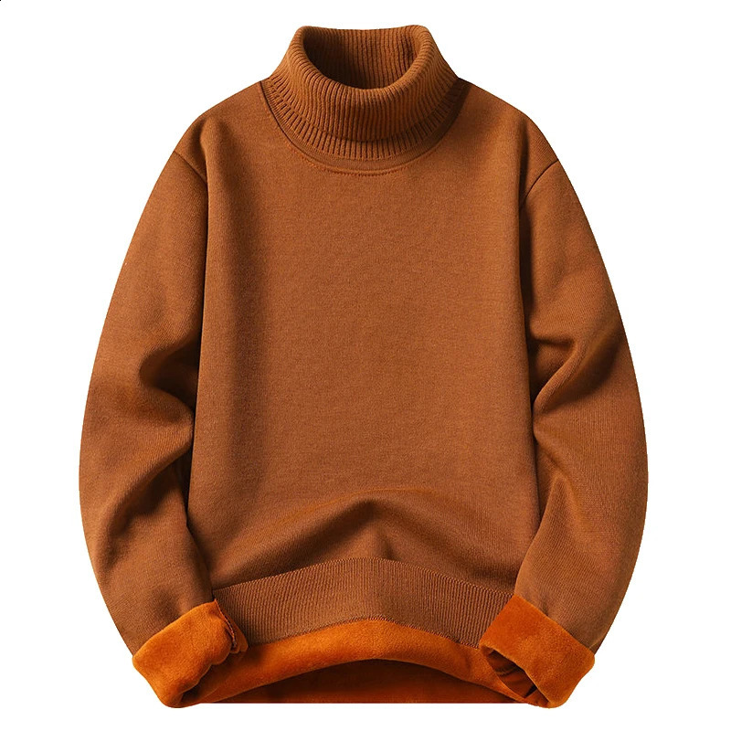 Mens Turtleneck Sweater Fleeced Knitwear Solid Color Velvet Jumpers Slim Fit Elegant y Brown Knitted Sweaters 260916