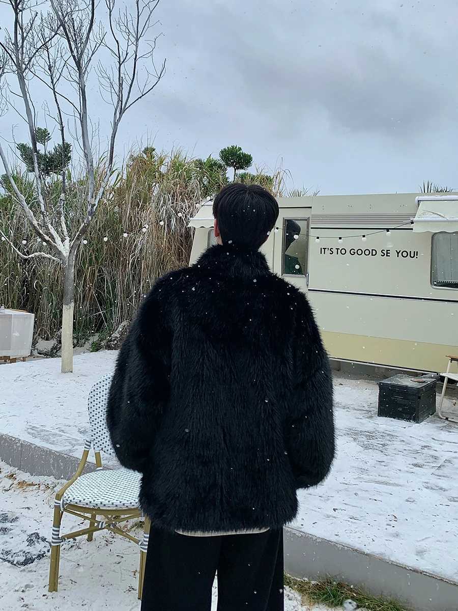 Winter Faux Fur Jacket Men Stand Collar Oversized Thicken Zip Coat Warm Windproof Solid Faux Fur Outerwear Casual Jacket W260915