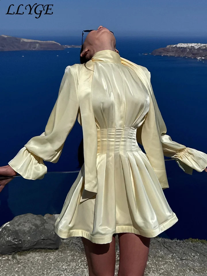 Elegant Waist Cinched Satin Women's Short Dress Scarves High Collar Full Sleeve Pleated A-line Dresses Summer Party Robes 260917
