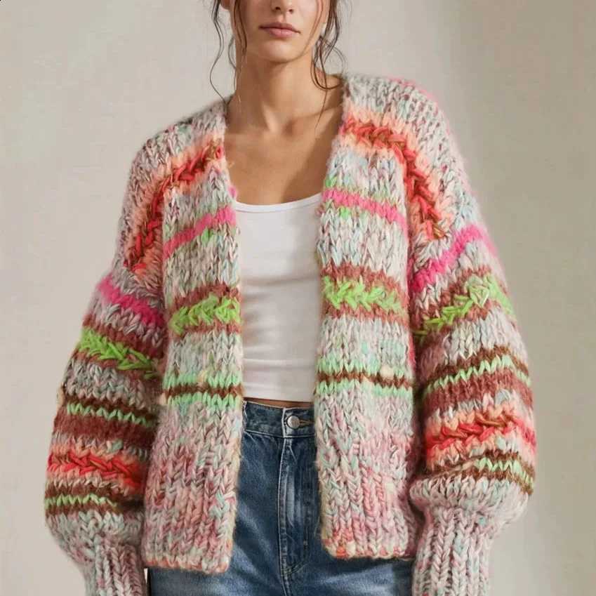 Stick New Rainbow Stripes Needle Knitted Sweater Women's Autumn Winter European and American Cardigan Jacket Loose Outwears J260916