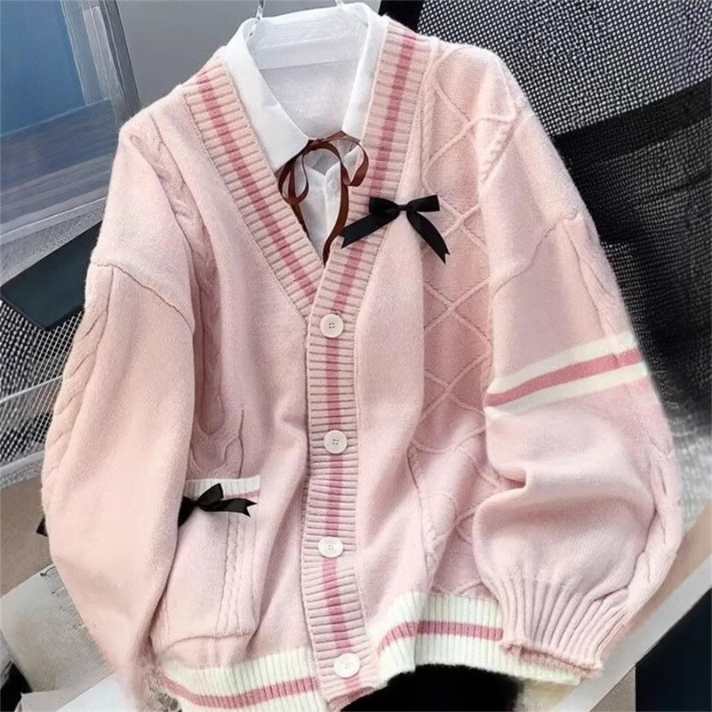 Casual Sweet Bow Cardigan Woman Autumn Winter Japanese Classic Preppy Style Knitted Coats Y2K Vintage Contrast Color V-Neck Tops 260916ww
