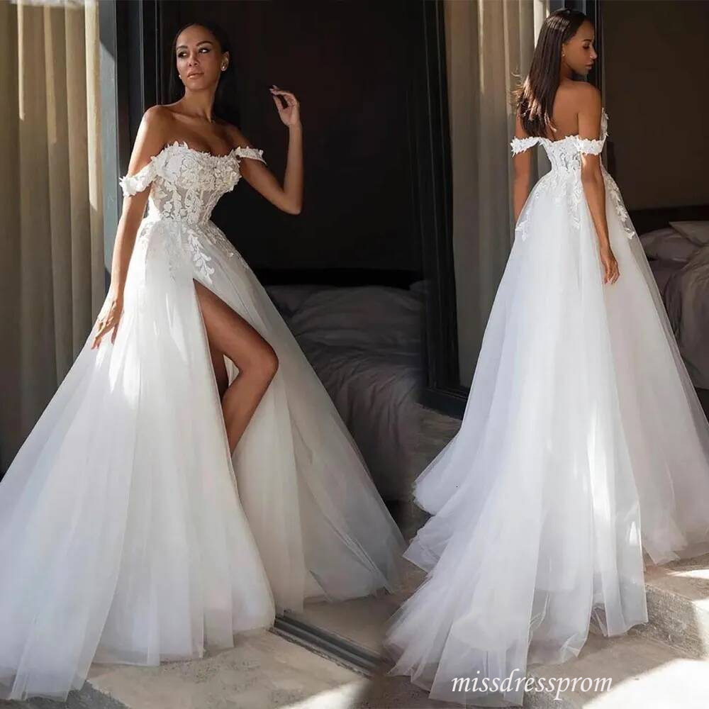 Wedding Dresses White Bridal Gowns A Line Zipper New Custom Plus Size Lace Up Ivory Sweetheart Off Shoulder Applique Tulle Beaded Thigh High Slits