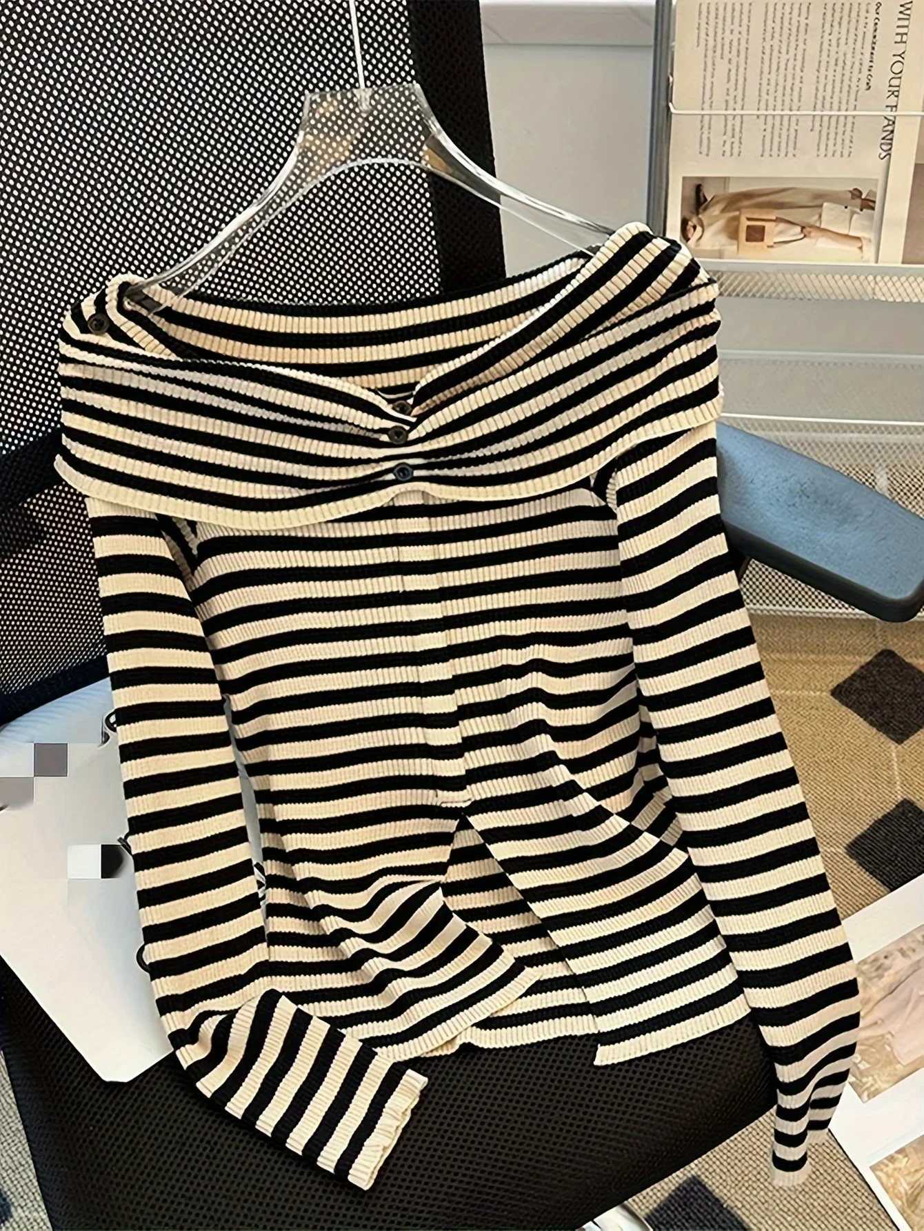 Shoulder Off New Striped Knitted Top Casual Ruched Long Sleeve Split Sweater For Spring Fall Women's Clothing J260916