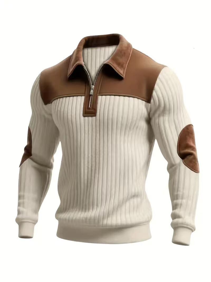 New Arrival Men Color Block Corduroy Collar Ribbed Long Sleeve Half Zip Polo Sweater Elbow Patches Casual Pullover Sweatshirts J260917