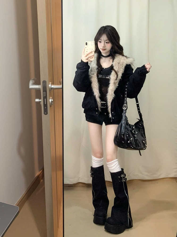 Sleeve Y2k Long American Vintage Parkas Women Casual Pure Color Zipper Jacket Denim Retro Sweet High Waist 2025 Autumn H260917