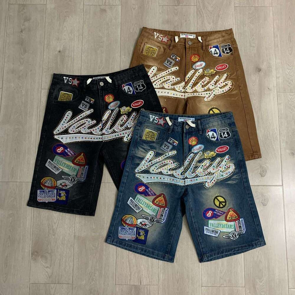 Valleys Dreams Denim Shorts Men Women Hip Hop Retro Colorful Rhinestone Letter Graphic Y2k Jorts Streetwear Short Pants Unique Designer Drawstring P