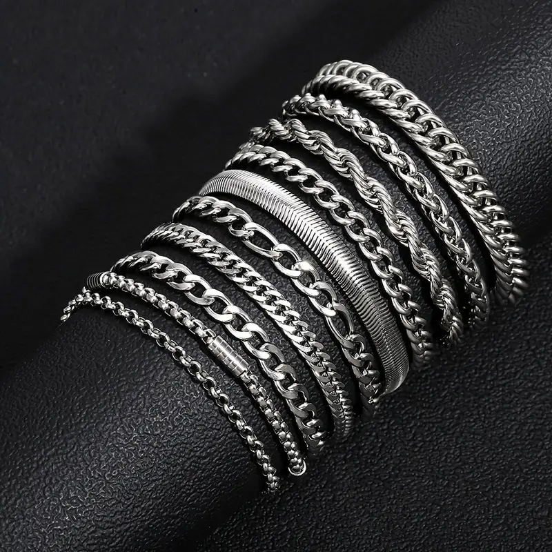 Stainless Steel Set - 10 Pieces Men's Versatile Simple Bracelet Color Retention Jewelry