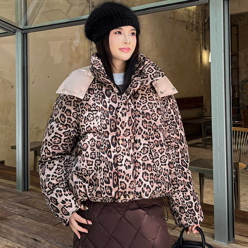 Jacket American Cotton Retro Short Women's Leopard Print Loose Hooded Padded Clothes Fashion Stand Collar Thickened Quilted Coat H260917