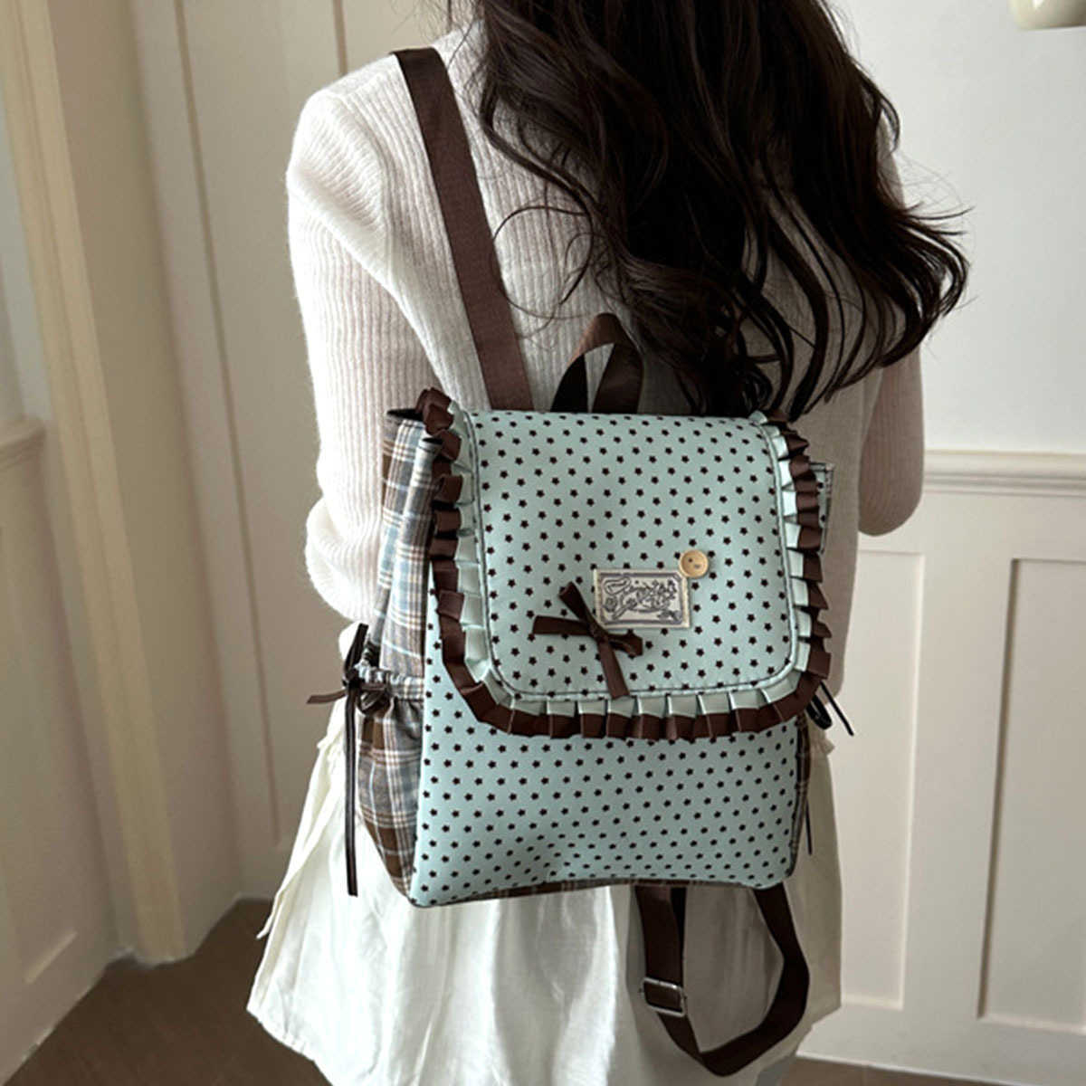 Dot Cute Polka Women Backpack Large Capacity Vintage College Style Sweet Ruffle Bow Daypack for Teen Girls Daily Travel UseT260917