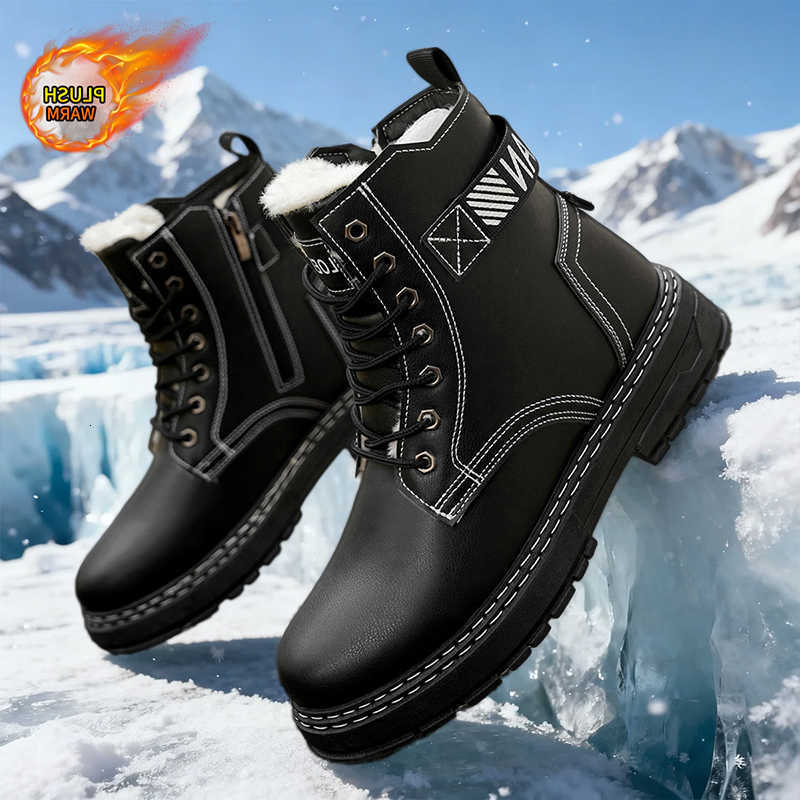 New Arrival! Mens Mid-Top Warm Mountaineering Boots for Fall Winter Black Motorcycle-Style Thickened Cozy Snow Boots D260917