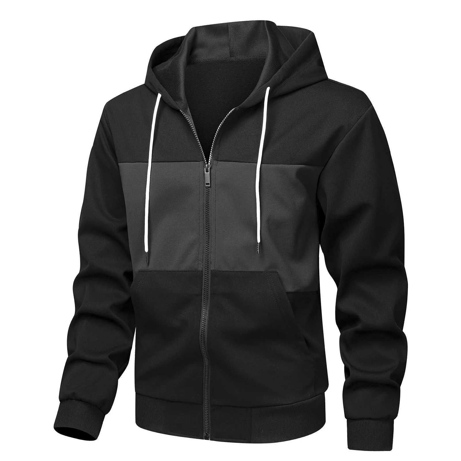 Men's Thickened Hooded Sweatshirt Color-Block Long-Slved Zipper Jacket Casual Cardigan Windproof Autumn Winter Coat S2609178QEB