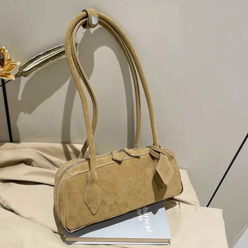 Faux Suede Zipper Solid Color Bowling Shoulder Bags Fashion Ladies Bags Simple Versatile Tote Bag 260916
