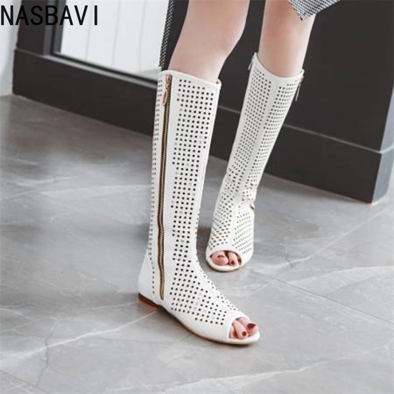 NASBAVI Fashion Women Flats Knee High Summer Boots Peep Toe Square Heels Fretwork Party Shoes Retro Rome Sexy Ladies Footwear 260917