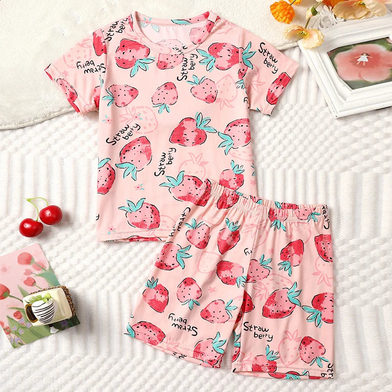 2-pcs Children's Summer Fashion Print Home Clothes Suit Boy Comfortable Joker Dinosaur Short-sleeved Girl Sweet Pink Shorts Suit 260915