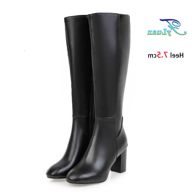 Toe Plus Size 48 Square Knee High Boots Women Side Zipper Winter Warm Long Shoes Comfort Thick Heel 7.5CM Black Leather Boots D260917