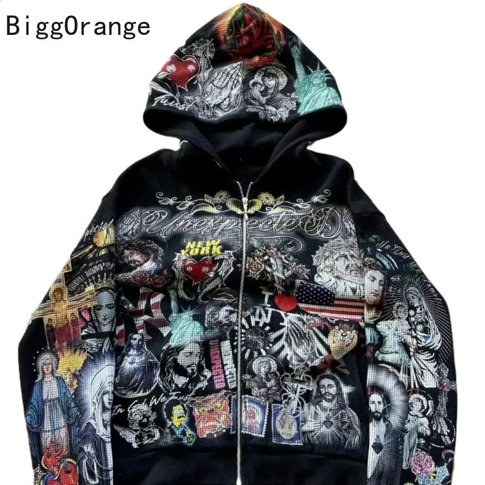 Spring Autumn Couple's Same Style Printed Zipper Hoodie Hip Hop Gothic Street Trend Personalized Casual Top for Men and Women 260917