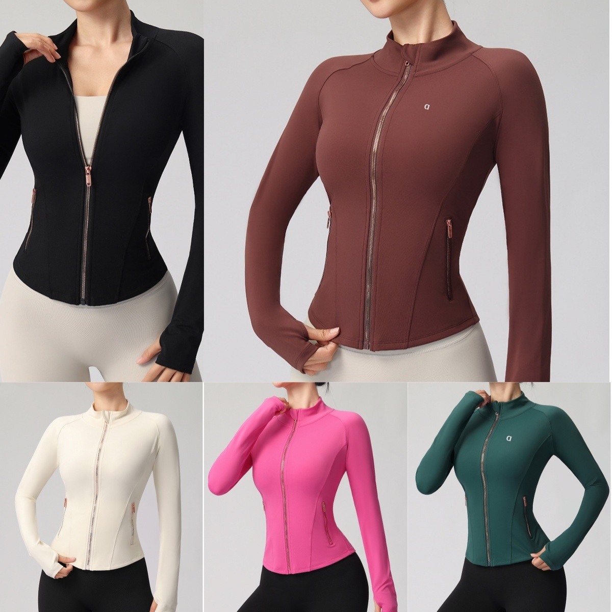 2951A Chemise de yoga à fermeture éclair en métal or rose pour vêtements d'entraînement pour femmes Haut de yoga à manches longues avec col monta