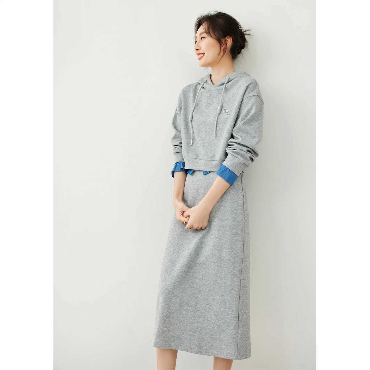 Twopiece Gray VIMLY Set Women's 2026 Autumn Fashion Denim Spliced Sweatshirt Maxi Straight Skirt Ladies Matching Outfit M6296W260915