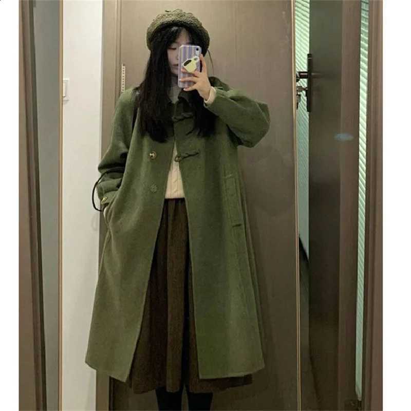 Korean 2024 Women's Fashion Dark green Woolen Jacket Female Advanced sense Academic style Wool Coat Windbreaker Outwear C260917