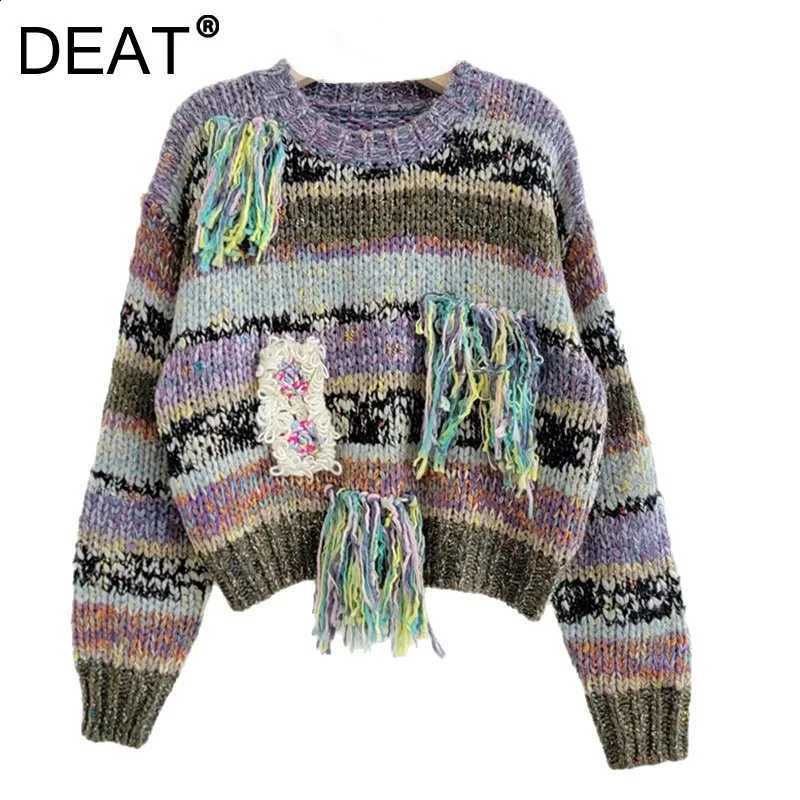 2026 Autumn Casual DEAT Style Dip Dyed Stripe Colorful Tassel Round Collar Knit Pullover For Women Long Sleeve Sweater 29A9784 J260916