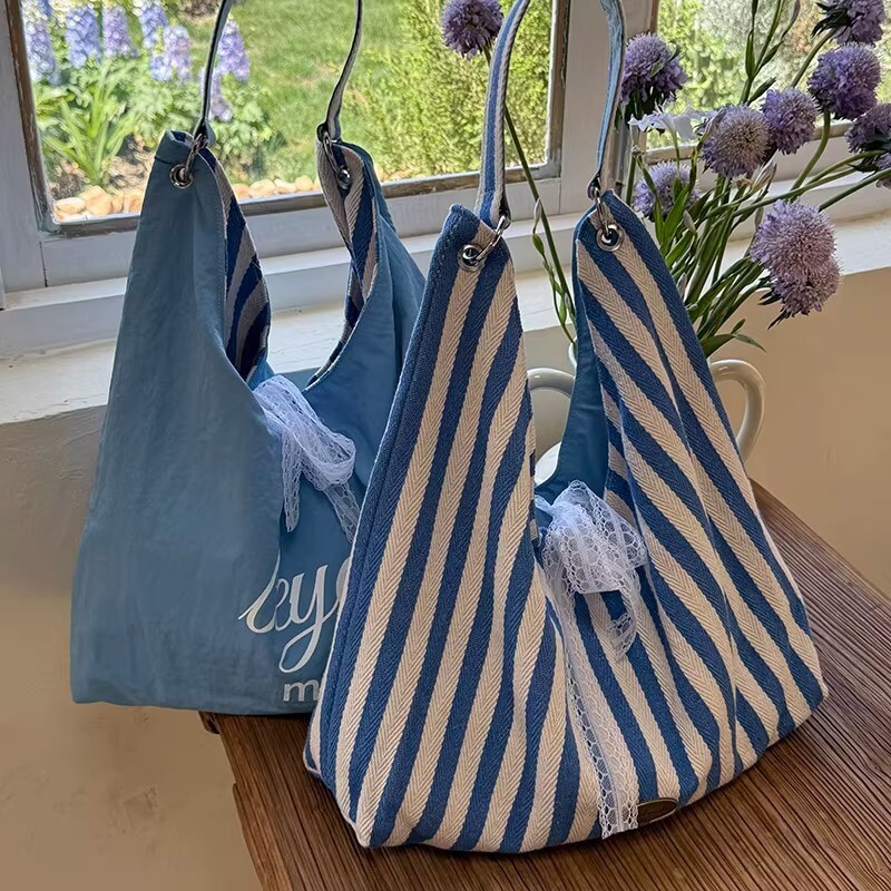 Double-sided striped canvas 2026 new Korean style ins tote casual large capacity shoulder shopping bag