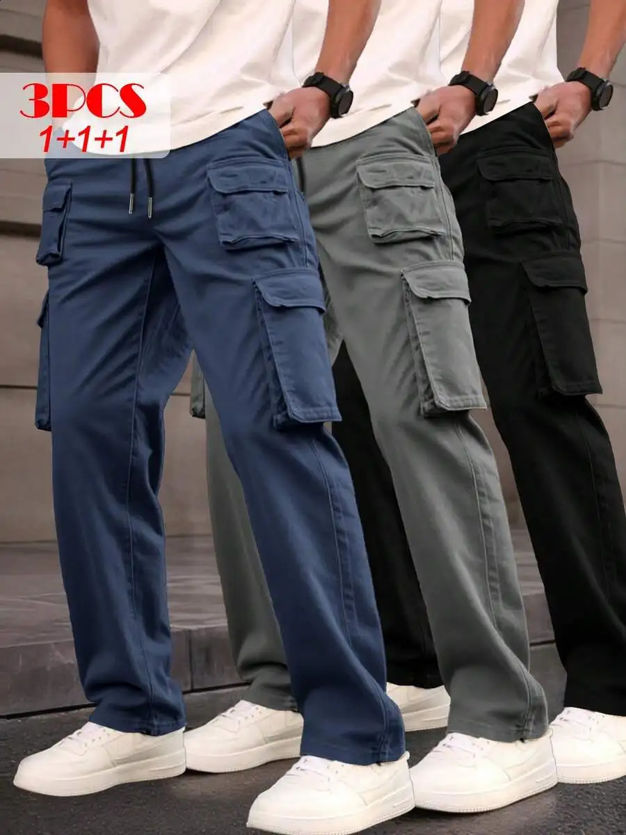 PINELF 3Pack Mens Cargo Pants Multiple Pockets Perfect For SpringFall Wear | Drawstring Waistband Smooth Textured 260915