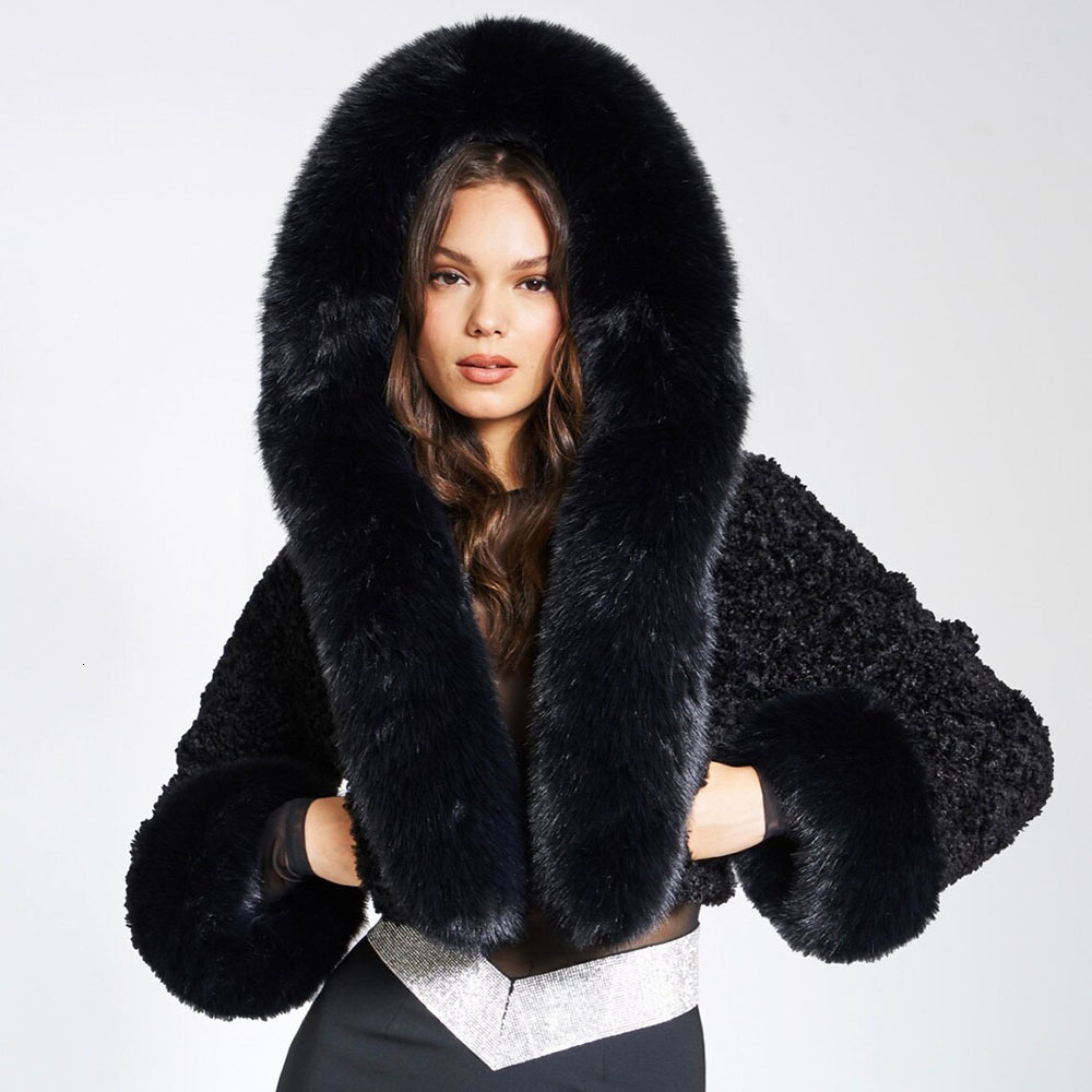 Fashion Black White For Women New Autumn Winter Hooded Women's Short Rabbit Fur Collar Wool 2026 Style Coat