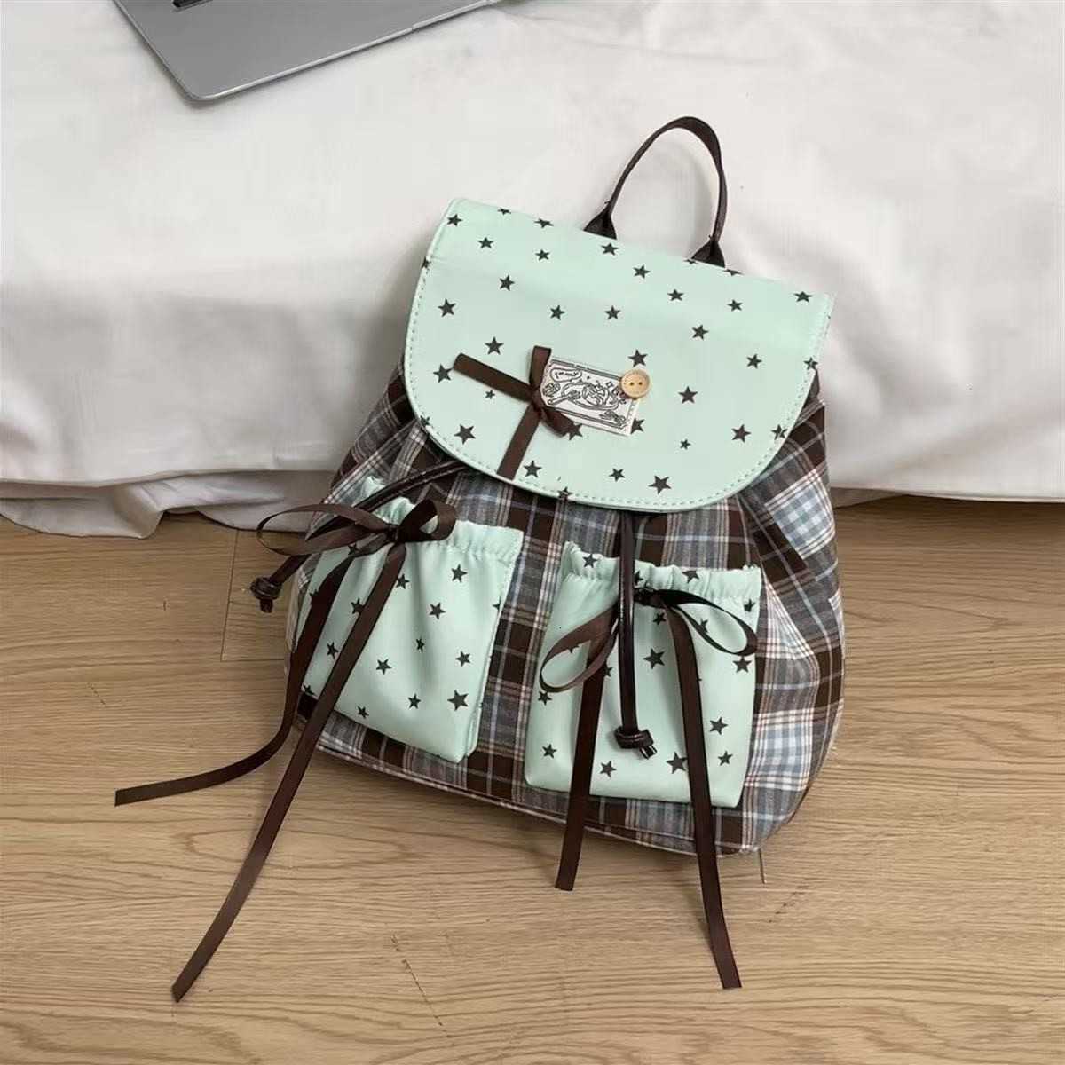 Plaid Star Korean Print Backpack Women Sweet Bow Drawstring School Bag Y2K Aesthetic Casual Travel Daypack for Teen GirlsT260917