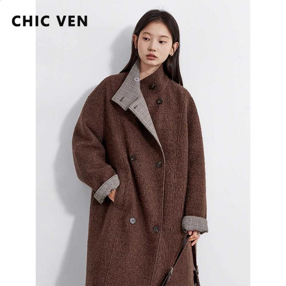 New CHIC VEN Women Long Woolen Coat Loose Casual Retro Plaid Spliced Office Ladies Overcoat Female Outerwear Autumn Winter 2025 C260917
