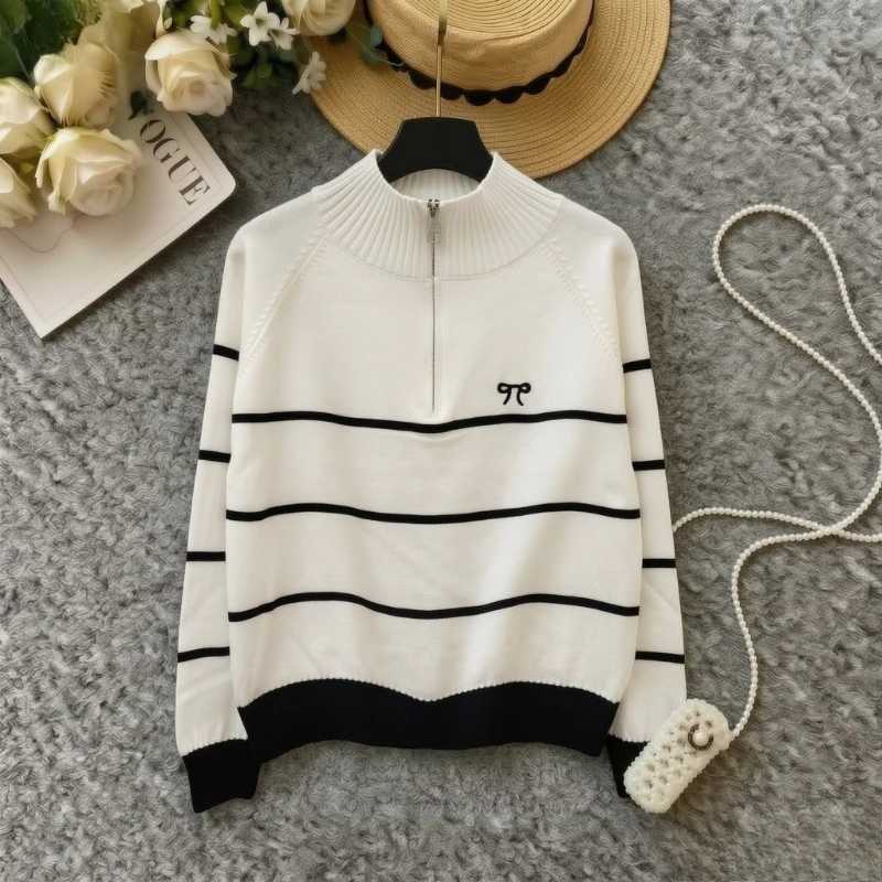 Women HalfZip Mock Neck Striped Knit Pullover Sweater Elastic Long Slve Loose Casual Ladies Daily Embroidered Knit Top Outfit S260917YYR7