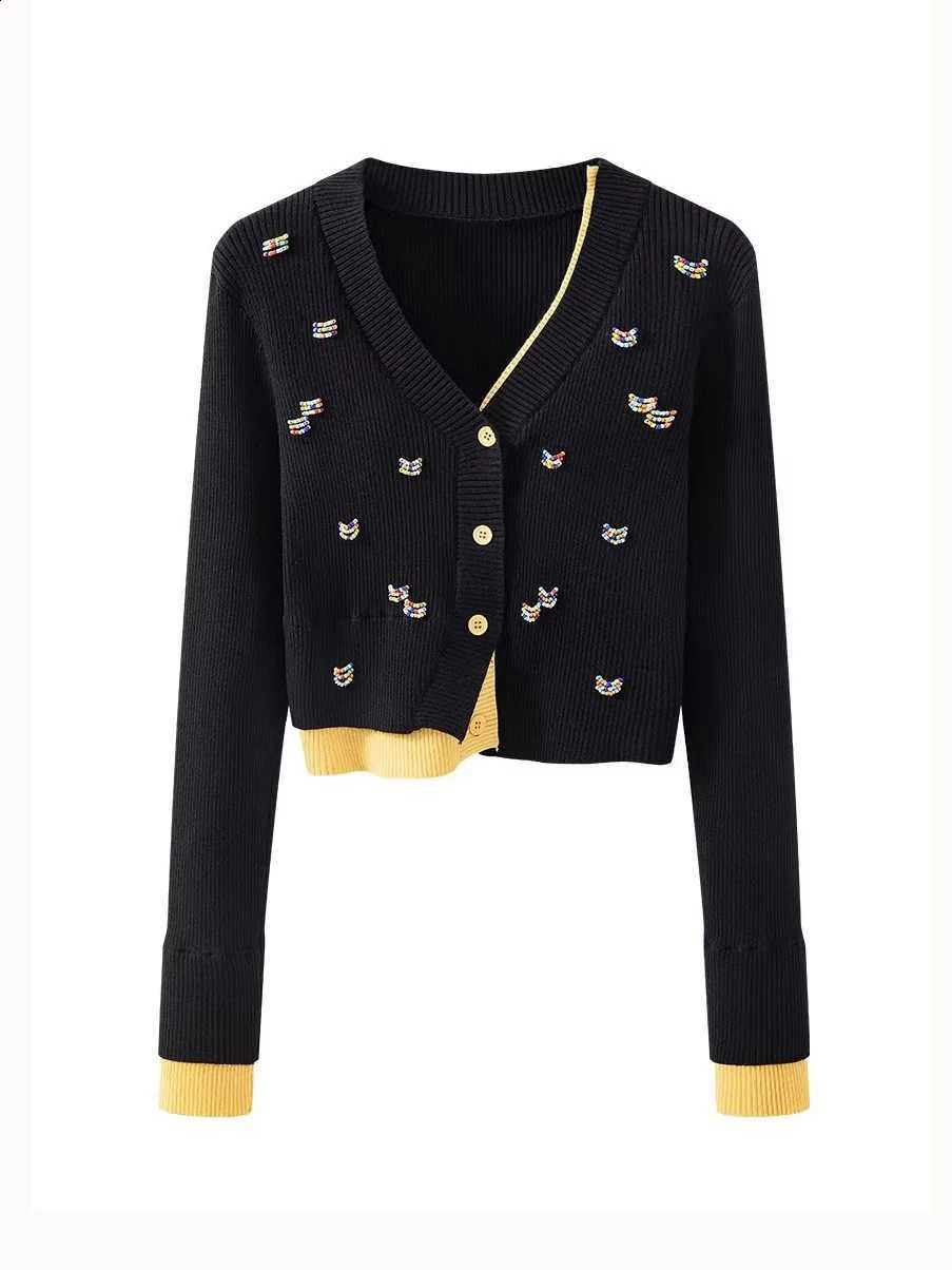 Cardigan Beading Autumn Winter Sweaters For Women V Neck Knitting Tops Loose SLeeve Knitwears Yellow 2025 New C-028 J260916