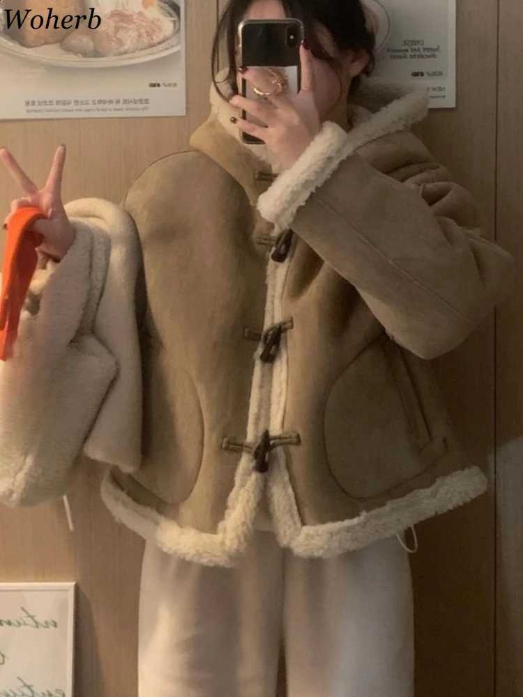 2026 Ropa Mujer Lamb Wool Patchwork Female Coat Vintage All Match Horn Button Jackets for Women Casual Fashion Hooded Outwear H260917