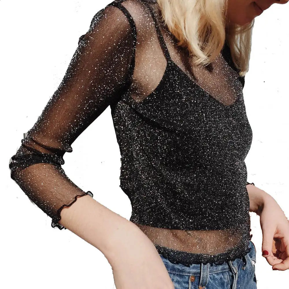 Sexy Mesh Shiny Long Sleeve T Shirt Women Spring Transparent Club Party Black Tee Shirts Sexy Thin O Neck Short Tops 260917