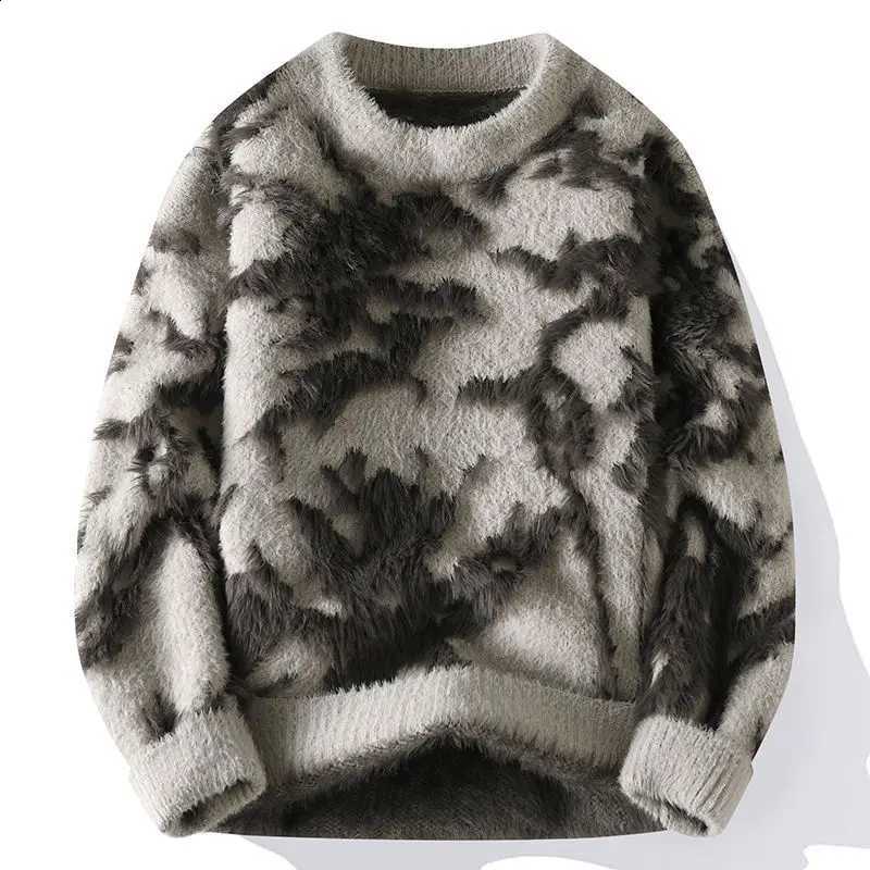 Long Men Jacquard Furry Sweater Sleeve Thick Print Faux Mink Velvet Knit Dyed Pullover O Neck High Street Warm Sweater Jumpers J260916