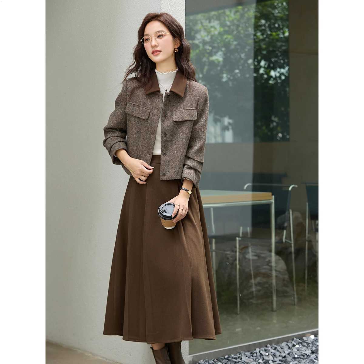 Vintage VIMLY Set Brown Two-Piece Wool Coat Pleated Long Midi Skirt 2026 Fall Fashion Elegant Office Lady Matching Outfit A3125W260915