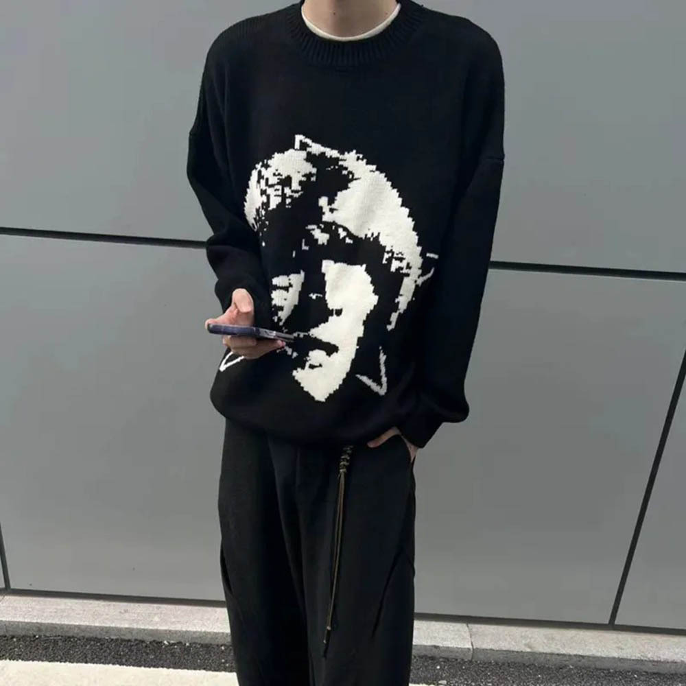 Y2k Graphic Knitted Long-Sleeved Sweater American Retro Fashion Trend High Street Loose Casual Breathable Niche Men's Tops J260917