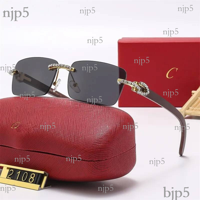 Designer Rimless Square Sunglasses Gold Frame Diamond Embellished Wooden Temples Multi Color Gradient Lens Protection Retro Luxury Glasses for Women