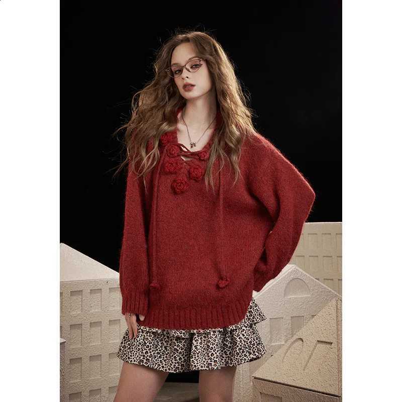 ELFSACK Y2K Design Loose Solid 3D Rose Drawstring Tie Sweater For Women X260916