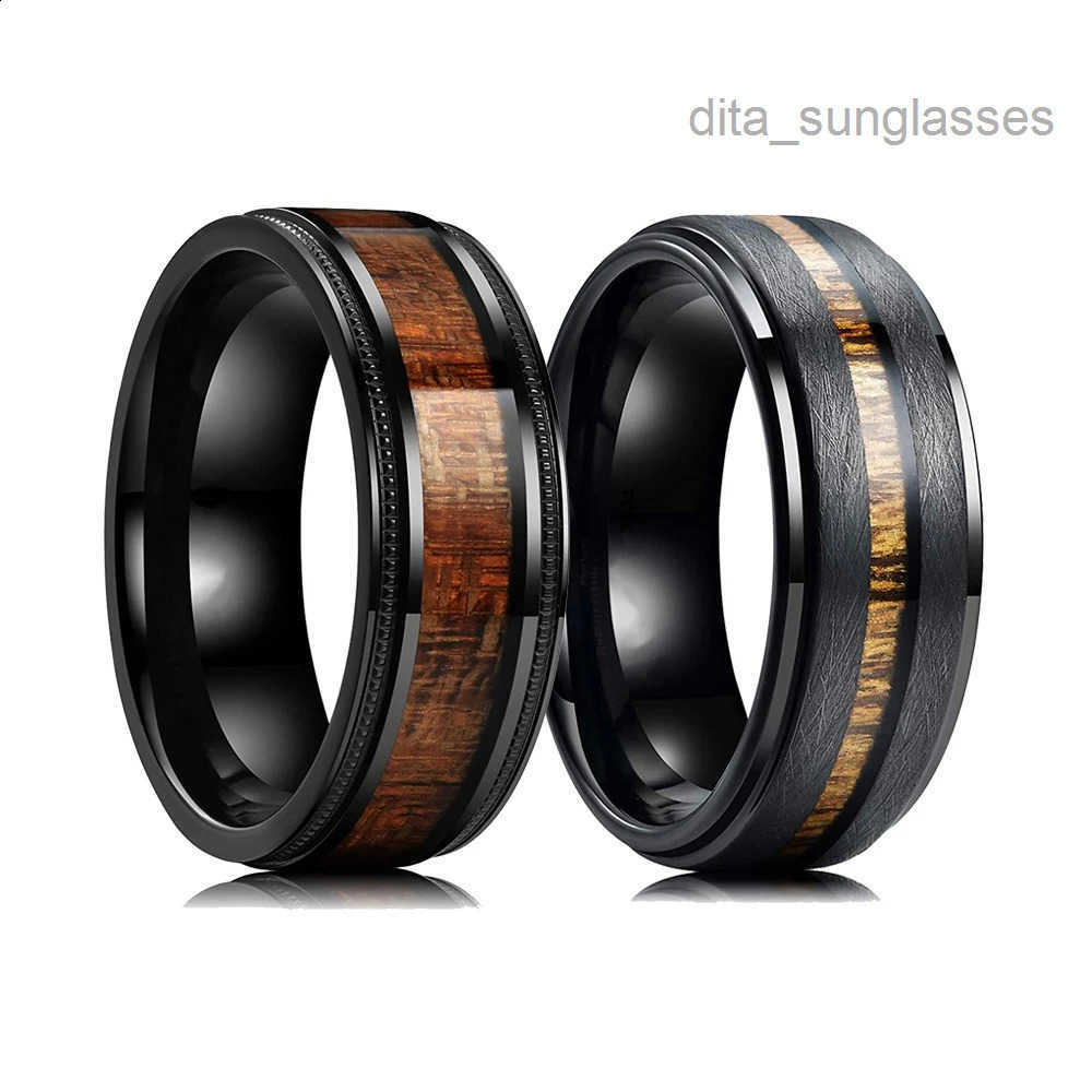 Fashion 8mm Black Tungsten Wedding Ring For Men Women Koa Wood Inlay Steel Engagement Rings Punk Mens Anniversary Jewelry Gifts 240906