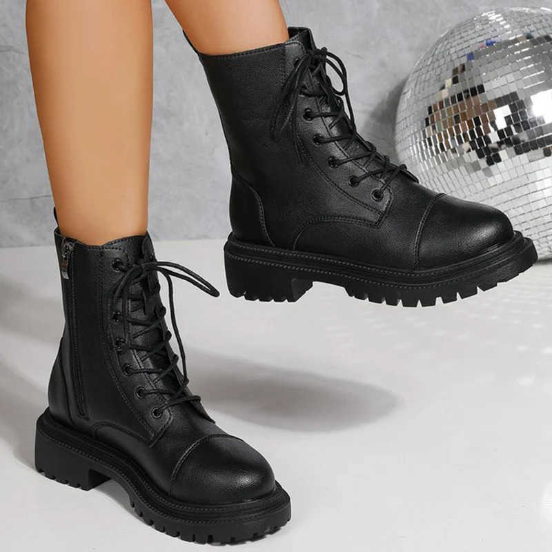 Leather Lace-Up Platform Ankle fashion Boots for Women Punk Zip Thick Sole Black Motorcycle Boots Woman Plus Size Short Booties D260917